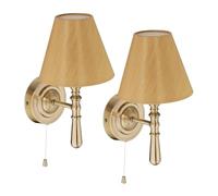 Relaxdays Wall Light, Set of 2, with Fabric Lampshade, Pull Switch, E14, 28x16x19 cm, Hallway & Bedroom Lamp, Brass, 40% Polyester