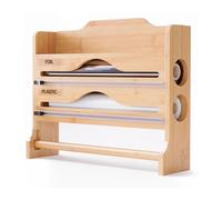 Relaxdays Wall-mounted 3 in 1 Roll Holder for Kitchen Paper, Foil, Cling Film, Bamboo, HxWxD: 27 x 35 x 9 cm, Natural