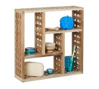 Relaxdays Wall Bath Shelves, Walnut, 5 Compartments, for Bathroom Hallway Living Room, HxWxD: 50 x 50 x 15 cm, Natural