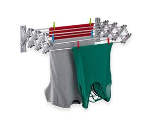 Relaxdays Wall-Mounted Clothes Horse, 8 m Drying Line, Extendable, HxWxD: 27 x 95 x 60 cm, Bathroom, Aluminium, Silver