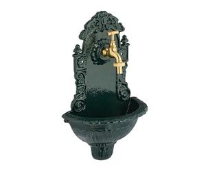 Relaxdays Wall-Mounted Fountain, with Tap, Garden Washbasin, Cast Iron, HxWxD: 40 x 24.5 x 15 cm, Antique Design, Green