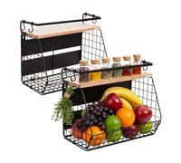 Relaxdays Wall-Mounted Fruit Basket Set of 2, Magnetic Kitchen Organiser, HWD: 30x35.5x21 cm, Wire Basket, Black/Natural
