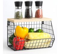 Relaxdays Wall-Mounted Fruit Basket, Storage Shelf, Hanging Kitchen Organizer, HWD 22x30x20 cm, Metal Mesh, Black/Nat.