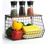 Relaxdays Wall-Mounted Fruit Basket, Storage Shelf, Kitchen Organizer, HWD: 22x30x20 cm, Wire Basket, Black/Dark Brown