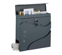 Relaxdays Wall-Mounted Letterbox, Newspaper Compartment, 37x37x11 cm, 2 Keys, Steel, Elegant Design, Matt Charcoal Grey