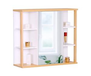 Relaxdays wall-mounted mirror cabinet, 6 shelves, 2 compartments, HxWxD: 64 x 62 x 21 cm, white/natural