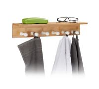 Relaxdays Bamboo Towel Hooks, HxWxD: 10 x 50 x 9 cm, Wall-Mounted Towel Hanger with 6 Hooks, Wooden, Bathroom Rack, Natural Brown