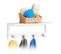 Relaxdays Wall Rack with 4 Hooks, HxWxD: 17.5 x 50 x 16 cm, Bamboo, Towel Holder, Hallway Coat Rack, Floating, White