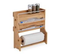 Relaxdays 3-in-1 Roll Holder, for Aluminium Foil, Cling Film, Paper Towels, Spice Rack, Bamboo, 40x40x11.5 cm, Natural, 40 x 40 x 11.5 cm