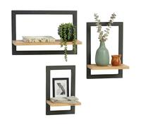Relaxdays wall shelf, 3-piece set, metal/MDF, 3 sizes, floating shelf for frames & decor, living room, natural/black