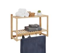 Relaxdays wall shelf for bathroom, HxWxD: 40 x 60 x 23.5 cm, bamboo, towel rack, 3 hooks, hanging shelf, natural