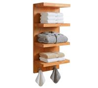 Relaxdays Wall Shelf, HxWxD: 60 x 28 x 16 cm, walnut, 4 shelves & 2 hooks, wall-mounted for bathroom & kitchen, natural