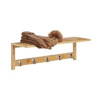 Relaxdays Wall Shelf Rail, Bamboo, HxWxD: 18 x 62 x 16 cm, Towel Holder Bathroom, Coat Rack Hallway, Wood, 5 Hooks