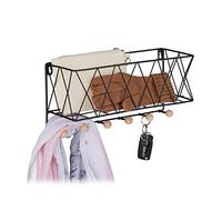 Relaxdays Wall Shelf with Hook Rail, Metal & Wood, Lattice Design, Coat Rack with 6 Hooks, HWD: 17 x 36 x 13 cm, Black