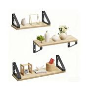 Relaxdays Wall Shelves Set of 3, Wood-Effect & Metal, Book & Decor Storage, 30/35/40 cm, Natural