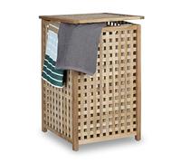 Relaxdays Walnut Hamper Wooden Storage Bin Basket with Lid, 67.5 x 45.7 x 45.7 cm, Organizer, Laundry Box Wood with Linen Sack Bag, Capacity of 75 L, Natural, 45.7 x 45.7 x 67.5 cm
