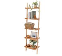 Relaxdays Walnut Wood Leaning Ladder Shelf, 5 shelves, bathroom, natural