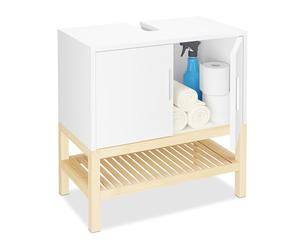 Relaxdays Washbasin Base Cabinet with Shelf, HWD: 60.5 x 60 x 33 cm, Bamboo & MDF, Bathroom Vanity Unit, White/Natural