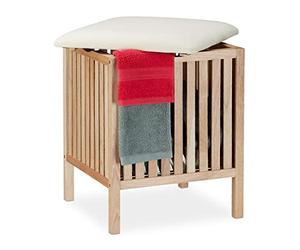 Relaxdays Washing Basket, with Seat, Laundry Hamper, Walnut Wood, 40L, Storage, HxWxD: 51 x 41 x 41 cm, Natural/White