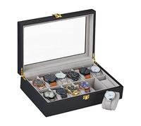 Relaxdays Watch Box, 12 Compartments, Glass Viewing Window, Velvet Cushion, 8.5 x 31.5 x 21 cm, Storage Case, Black/Grey, Fibreboard, 8.5 x 31.5 x 21cm