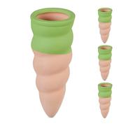 Relaxdays Watering Cones, Set of 4, 1.5 Litre Bottles, Curved Design, Clay, Irrigation for Houseplants, Terracotta/Green, Ceramics, 11.5 x 4.5 cm