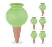 Relaxdays Watering Cones, Set of 6, Fill Up with Water, Round Design, Clay, Irrigation for Houseplants, Terracotta/Green