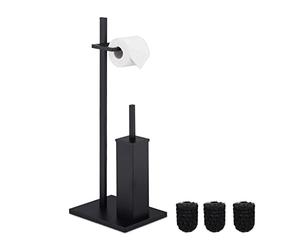Relaxdays WC Accessory Set, Standing Toilet Paper & Brush Holder, incl. 3 Replacement Heads, 72.5 x 27.5 x 21.5cm, Black