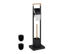 Relaxdays WC Set, Bamboo, Stainless Steel, Free-Standing, 2 Spare Heads, Toilet Roll & Brush Holder, Black/Natural, 77 x 23 x 18 cm