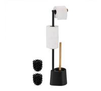 Relaxdays WC Set, Bamboo, Stainless Steel, Free-Standing, 2 Spare Heads, Toilet Roll & Brush Holder, Black, 66.5 x 16 x 11 cm