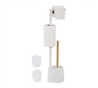 Relaxdays WC Set, Bamboo, Stainless Steel, Free-Standing, 2 Spare Heads, Toilet Roll & Brush Holder, White, 66.5 x 16 x 11 cm