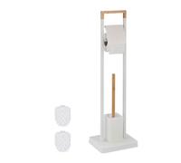 Relaxdays WC Set, Bamboo, Stainless Steel, Free-Standing, 2 Spare Heads, Toilet Roll & Brush Holder, White/Natural, 77 x 23 x 18 cm