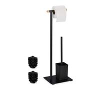 Relaxdays WC Set, Bamboo, Stainless Steel, Free-Standing, incl. 2 Spare Heads, Toilet Roll & Brush Holder, Black/Natural, 64.5 x 22 x 18 cm