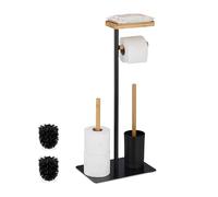 Relaxdays WC Set, Bamboo, Stainless Steel, Free-standing, incl. 2 Spare Heads, Toilet Roll & Brush Holder, Black/Natural, Iron, 65 x 30 x 20 cm