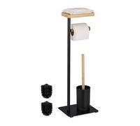 Relaxdays WC Set, Bamboo, Stainless Steel, Free-standing, incl. 2 Spare Heads, Toilet Roll & Brush Holder, Matt Black, Iron, 65 x 22 x 18 cm