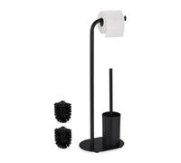Relaxdays WC Set, Bamboo, Stainless Steel, Free-standing, incl. 2 Spare Heads, Toilet Roll & Brush Holder, Matt Black, Iron, 64.5 x 23 x 17 cm