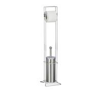 Relaxdays WC Set, HWD: 78.5 x 17 x 17 cm, Standing Toilet Roll Holder & Brush with Container, Stainless Steel, Silver