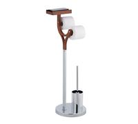 Relaxdays WC Set, Standing, Toilet Paper Roll, Brush with Holder, Bathroom Accessory, 84 x 25 x 30 cm, Silver/Brown, Fibreboard