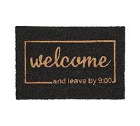 Relaxdays Welcome Coir Doormat, and leave by 9:00" Mat, Shoe Scaper, Weatherproof, HxW: 40x60 cm, Natural/Black/White, Coco, 60x40 cm