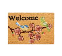 Relaxdays Welcome Flowers and Birds Doormat Coir, 40x60 cm, Door Mat Inside & Outside, Non-Slip, Multicoloured