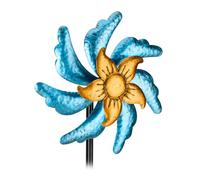 Relaxdays Wheel for The Garden, Flower Plug with Ground Spike, HWD: 120 x 30 x 12.5 cm, Iron, Wind Chime, Blue/Gold