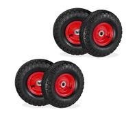 Relaxdays Wheelbarrow, Set of 4, 4.10/3.50-4, Pneumatic Tyre, 16 mm Axle, 136 kg, Steel Rim, 260x85 mm, Black/Red, Rubber, 26 x 26 x 8.5 cm