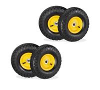 Relaxdays Wheelbarrow, Set of 4, 4.10/3.50-4, Pneumatic Tyre, 16mm Axle, 136kg, Steel Rim, 260x85 mm, Black/Yellow, Rubber, 26 x 26 x 8.5 cm