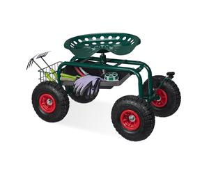 Relaxdays Wheeled Garden Seat, Height-Adjustable, 150 kg Capacity, Storage for Tools, Steel, Pneumatic Tyres, Green