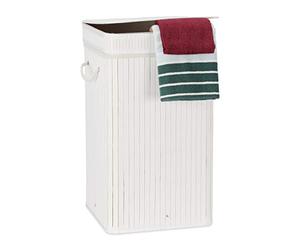 Relaxdays White Bamboo Pop Hamper, Handle, Portable, 70 L Load, Square Laundry Bag, HxØ: 63 x 36 cm