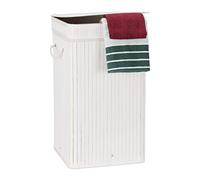 Relaxdays White Bamboo Pop-Up Laundry Hamper, Handle, Portable, 70 L Load, Square Laundry Bag, HxØ: 63 x 36 cm