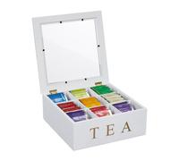 Relaxdays Organiser, 9 compartments, Tea Bag Box, MDF, Acrylic Transparent Window, 9 x 23.5 x 23.5 cm, White/Gold, Bamboo
