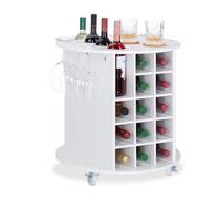 Relaxdays Wine Shelf with 360° Casters, 6 Glass Holders, Wine Storage for 17 Bottles, Round, HxD: 56x54cm,White