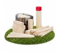 Relaxdays Wikinger Wurfspiel aus Kiefernholz, Natur Kubb Wikingerspiel, roter König, groß, Gartenspielzeug mit Tasche