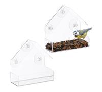 Relaxdays Window Bird Feeder Set of 2, 3 Suction Cups, Feeding Station with Roof, HWD: 15 x 15 x 7 cm, Transparent