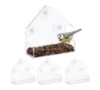 Relaxdays Window Bird Feeder Set of 4, 3 Suction Cups, Feeding Station with Roof, HWD: 15 x 15 x 7 cm, Transparent